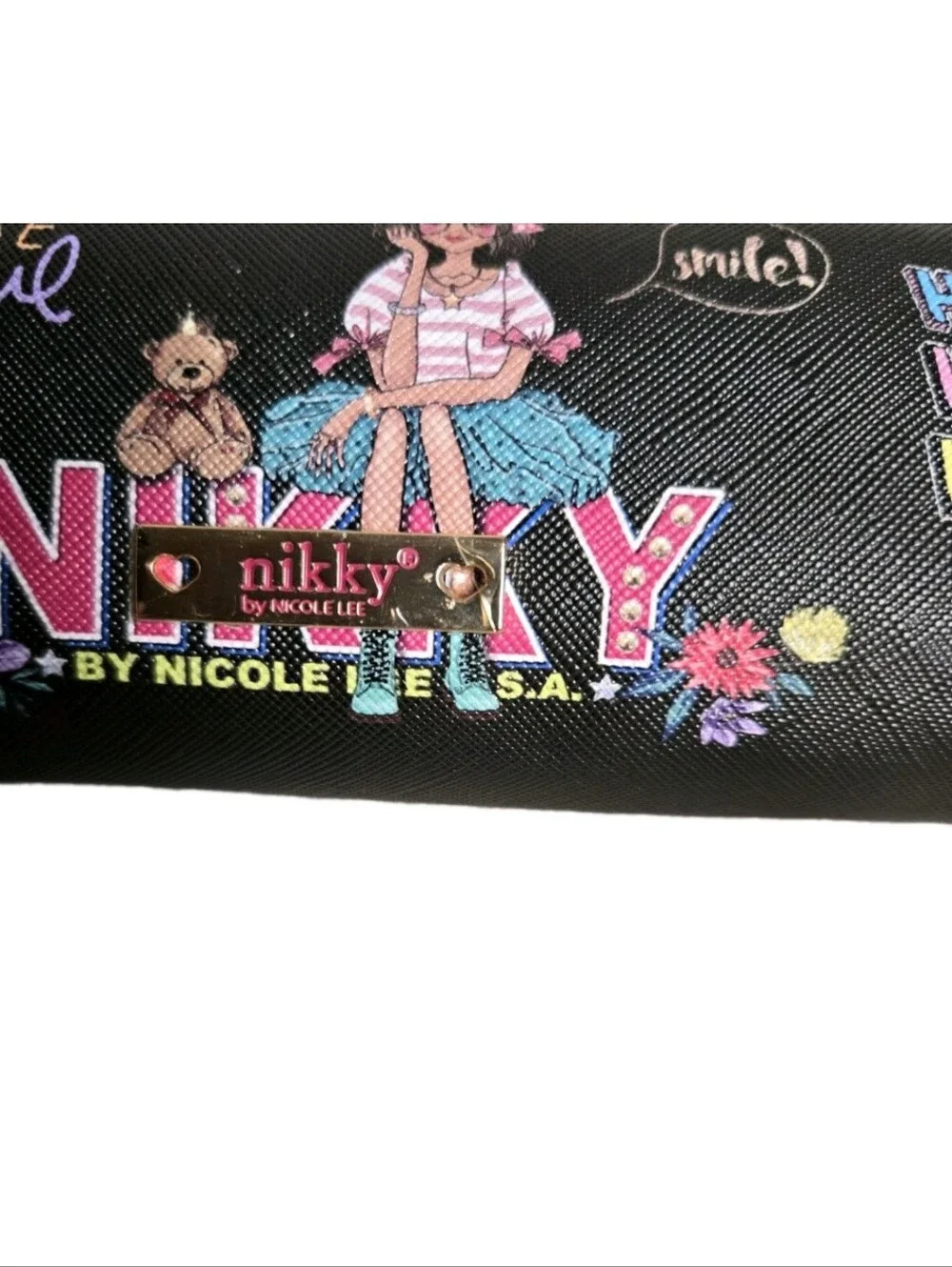Nikky by Nicole Lee Slim Cosmetic Bag Makeup Travel Zipper Pouch Black Pink NWT